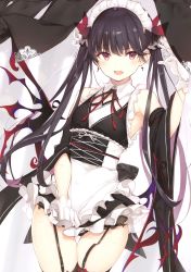 Rule 34 | 1girl, :o, absurdres, apron, armpits, bare shoulders, black hair, black panties, black shirt, black skirt, black thighhighs, blush, breasts, clothes pull, cowboy shot, cross, demon girl, demon wings, detached sleeves, earrings, fang, frills, garter belt, gloves, hair ribbon, hand up, highres, jewelry, long hair, looking at viewer, maid, maid apron, maid headdress, miniskirt, nanananana, neck ribbon, open mouth, original, panties, panties over garter belt, red eyes, red ribbon, ribbon, scan, shirt, skirt, skirt pull, sleeveless, small breasts, solo, standing, sweat, thigh gap, thighhighs, twintails, underbust, underwear, very long hair, white apron, white gloves, wide sleeves, wing collar, wings