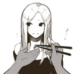 Rule 34 | 1girl, bare shoulders, blush, chopsticks, embarrassed, eyelashes, feeding, greyscale, long hair, looking away, monochrome, off-shoulder, off-shoulder sweater, off shoulder, original, poaro, simple background, solo focus, sweater, white background
