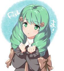 Rule 34 | 1girl, :o, black dress, blush, bow, brown bow, dress, emblem, female focus, fire, fire emblem, fire emblem: three houses, flayn (fire emblem), green eyes, green hair, hair ornament, hands up, long hair, long sleeves, looking at viewer, matching hair/eyes, misu kasumi, nintendo, parted lips, puffy long sleeves, puffy sleeves, solo, translation request, twintails, upper body