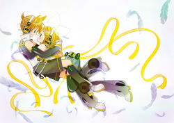 Rule 34 | 1boy, 1girl, aqua eyes, arm warmers, blonde hair, blush, bow, collar, elbow gloves, feathers, fingerless gloves, gloves, hair bow, hair ornament, hairpin, headphones, hetero, highres, hug, in air, kagamine len, kagamine len (append), kagamine rin, kagamine rin (append), leg warmers, ponytail, popped collar, ribbon, shorts, vest, vocaloid, vocaloid append