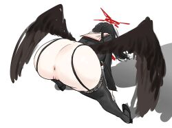 Rule 34 | 1girl, anus, ass, bent over, black choker, black wings, blue archive, breasts, choker, cleft of venus, feathered wings, fomerlin, garter straps, gym shirt, gym uniform, halo, hasumi (blue archive), high heels, highres, huge ass, jacket, large breasts, large wings, low wings, mole, official alternate costume, partially unzipped, pussy, red halo, shirt, solo, track jacket, wings