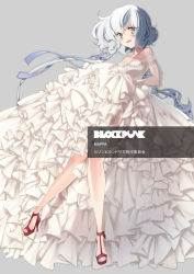 Rule 34 | 10s, 1girl, absurdres, breasts, cleavage, dress, from side, fukagawa kazumi, full body, grey background, high heels, highres, knees together feet apart, konno junko, long hair, looking at viewer, nail polish, see-through, simple background, solo, standing, stiletto heels, teeth, toenail polish, toenails, upper teeth only, very long hair, wavy hair, wedding dress, zombie, zombie land saga