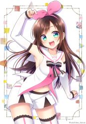 Rule 34 | 1girl, :d, aoshima kanae, arm up, bare shoulders, black bow, blush, bow, breasts, brown hair, collarbone, commentary request, detached sleeves, fingernails, green eyes, hair ribbon, hairband, head tilt, kizuna ai, kizuna ai inc., lace, lace-trimmed legwear, lace trim, long hair, long sleeves, looking at viewer, medium breasts, multicolored hair, navel, open mouth, pink hair, pink hairband, pink ribbon, ribbon, sailor collar, shirt, short shorts, shorts, sleeveless, sleeveless shirt, sleeves past wrists, smile, solo, streaked hair, striped, striped bow, teeth, thighhighs, upper teeth only, very long hair, virtual youtuber, white sailor collar, white shirt, white shorts, white thighhighs