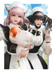 Rule 34 | 10s, 2girls, :d, absurdres, animal ears, au ra, bad id, bad pixiv id, black hair, blue sky, breasts, carrying, cat ears, cloud, cloudy sky, day, double v, dragon horns, final fantasy, final fantasy xiv, highres, horns, large breasts, long hair, looking at viewer, maid, maid headdress, miqo&#039;te, mog, monkey buonarroti, moogle, multiple girls, open mouth, pink hair, purple eyes, red eyes, sky, slit pupils, smile, twintails, underbust, v, warrior of light (ff14), wrist cuffs