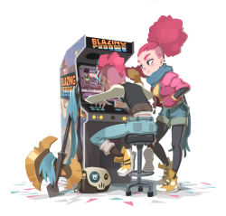 Rule 34 | 1boy, 1girl, arcade cabinet, axe, battle axe, big hair, blazing chrome, blue eyes, blush stickers, converse, full body, mohawk, pink hair, planted, playing games, ponytail, promotional art, scarf, shoes, sneakers, stool, undercut, video game, weapon, xaxaxa