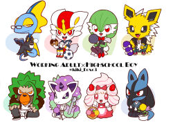 Rule 34 | 2girls, 6+boys, alcremie, alcremie (strawberry sweet), alcremie (vanilla cream), animal ears, animal hands, animal nose, apron, artist name, ball, basket, big hair, black-framed eyewear, black apron, black footwear, black fur, black hakama, black horns, black jacket, black pants, black pantyhose, black sclera, black skin, blue fur, blue kimono, blue pants, blue shirt, blue skin, blush, blush stickers, bob cut, body fur, book, bow, bowtie, bright pupils, brown fur, brown jacket, buck teeth, buttons, chibi, cinderace, closed mouth, clothed pokemon, collared shirt, colored sclera, colored skin, creatures (company), crossed legs, cup, denim, dog tags, double-breasted, doughnut, dress, drink, english text, eyes visible through hair, fang, fins, flat color, flower, food, food-themed hair ornament, formal, frying pan, full body, furry, furry male, galarian form, galarian ponyta, game freak, gardevoir, gen 1 pokemon, gen 3 pokemon, gen 4 pokemon, gen 8 pokemon, glasses, gloves, green hair, green skin, grey pants, guitar, hair between eyes, hair bow, hair ornament, hakama, half-closed eyes, hand on own knee, hand up, hands on lap, hands up, happy, head fins, heart, holding, holding book, holding cup, holding drink, holding food, holding frying pan, holding instrument, holding ladle, horns, horse boy, horse ears, instrument, inteleon, invisible chair, jacket, japanese clothes, jeans, jewelry, jolteon, kiki (431642), kimono, knee up, kneehighs, knees up, ladle, legs together, lizard tail, long hair, long sleeves, looking at viewer, lucario, matching hair/eyes, monkey boy, monkey ears, mug, multicolored hair, multicolored skin, multiple boys, multiple girls, necklace, necktie, nintendo, open book, open clothes, open jacket, open mouth, orange eyes, own hands together, pants, pantyhose, personification, pince-nez, pink hair, pink skin, pokemon, pokemon (creature), puffy short sleeves, puffy sleeves, punk, purple flower, purple hair, rabbit boy, rabbit ears, rabbit tail, red bow, red bowtie, red dress, red eyes, red footwear, red hair, red shorts, reptile boy, rillaboom, seiza, shirt, shoes, short hair, short sleeves, shorts, simple background, single horn, sitting, skateboard, smile, snout, soccer ball, socks, star (symbol), star hair ornament, steam, strawberry hair ornament, streaked hair, suit, tail, teeth, torn clothes, torn pants, torn shirt, traditional bowtie, twitter username, two-tone fur, two-tone hair, two-tone skin, waitress, watermark, white background, white dress, white eyes, white footwear, white fur, white gloves, white jacket, white pupils, white shirt, white skin, white socks, wolf boy, wolf ears, wolf tail, wristband, yellow eyes, yellow flower, yellow fur, yellow necktie, yellow skin, yokozuwari