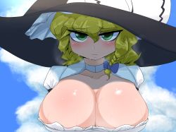 Rule 34 | 1girl, black hat, blonde hair, blue bow, blush, bow, braid, breasts, cleavage, closed mouth, commentary request, cookie (touhou), green eyes, hair bow, hat, hat bow, highres, huge breasts, kirisame marisa, large hat, long hair, looking at viewer, mars (cookie), osuwari, portrait, side braid, single braid, solo, sweat, touhou, white bow, witch hat