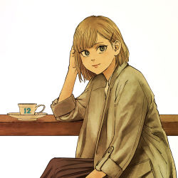 Rule 34 | 12, 1girl, aria (vampeerz), blonde hair, blue eyes, brown skirt, coat, cup, elbows on table, grey coat, hair ornament, hairclip, hand on own head, higashiyama shou, highres, looking at viewer, official art, short hair, simple background, sitting, skirt, solo, table, teacup, vampeerz, white background
