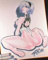 Rule 34 | 1girl, adapted costume, alternate costume, ass, black headband, blue eyes, breasts, feet, hair over one eye, headband, highres, kneeling, lips, looking at viewer, marker (medium), medium breasts, mole, mole under mouth, nier (series), nier:automata, procreate (medium), robaato, shade, shaded face, shadow, shiny skin, short hair, sideboob, swimsuit, thighs, toes, traditional media, two-tone swimsuit, white hair, 2b (nier:automata)