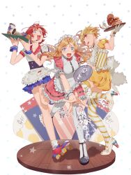 Rule 34 | 3girls, ahoge, apron, bare shoulders, black corset, black footwear, blonde hair, bloomers, blue eyes, blue skirt, blue wrist cuffs, blush, bow, bowtie, breasts, brown eyes, brown hair, burger, burger skater (idolmaster), collarbone, corset, cup, detached sleeves, disposable cup, dot nose, dress, food, french fries, frilled apron, frilled dress, frills, full body, gloves, hands up, headset, high heels, highres, holding, holding tray, hoyaza1561, ibuki tsubasa, ice, ice cube, idolmaster, idolmaster million live!, idolmaster million live! theater days, large breasts, leg up, long hair, looking at another, looking at viewer, medium breasts, messy hair, miniskirt, multiple girls, nonohara akane, open mouth, pancake, pink bow, pink bowtie, pink dress, pleated skirt, polka dot, polka dot background, pretty waitress (idolmaster), print socks, puffy short sleeves, puffy sleeves, red eyes, red trim, roller skates, shinomiya karen, shirt, short hair, short sleeves, skates, skirt, socks, spilling, standing, standing on one leg, star (symbol), star print, striped clothes, striped shirt, striped thighhighs, sweatdrop, teacup, tears, teatime happiness (idolmaster), thighhighs, tray, two-tone footwear, underwear, waist apron, white apron, white background, white footwear, white gloves, white headdress, white shirt, white socks, white thighhighs, white wrist cuffs, wooden floor, wrist cuffs, yellow bloomers, yellow shirt, yellow sleeves, yellow thighhighs