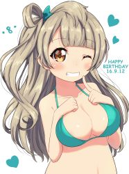 Rule 34 | 10s, 1girl, 2016, absurdres, aqua bikini, bikini, blush, bow, breasts, brown eyes, cleavage, dated, finger to cheek, green bow, grey hair, grin, hair bow, hands on own chest, happy birthday, heart, highres, large breasts, long hair, looking at viewer, love live!, love live! school idol project, minami kotori, mukuba, navel, one eye closed, parted lips, side ponytail, simple background, smile, solo, sparkle, sparkling eyes, swimsuit, teeth, upper body, white background, wink
