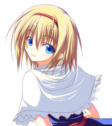 Rule 34 | 1girl, alice margatroid, blonde hair, blush, capelet, female focus, from behind, hairband, nirap, short hair, smile, solo, touhou, upper body