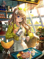 Rule 34 | 10s, 1girl, 2010, 2014, apron, blue eyes, brown hair, cafe, cappuccino, coffee, collarbone, company name, copyright name, cup, dated, disposable cup, drawer, dress, floral print, flower, flower pot, food, frilled apron, frills, fruit, furyou michi ~gang road~, glass, hair flower, hair ornament, hair ribbon, hairband, hairclip, head tilt, heart, holding, indoors, jacket, jug (bottle), kitchen, lamp, latte art, long hair, long sleeves, melon, mifune totori, mug, open clothes, open jacket, original, plant, potted plant, pouring, ribbon, smile, solo, sunlight, sweater, teacup, tob, tray, waffle, waist apron, water, watermark, white dress, window, window blinds