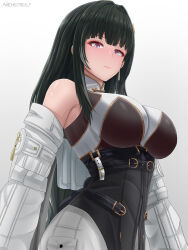 Rule 34 | 1girl, archstreal, baizhi (wuthering waves), bare shoulders, black hair, blush, breasts, earrings, highres, jewelry, large breasts, long hair, long sleeves, looking at viewer, purple eyes, solo, wuthering waves
