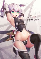 Rule 34 | &gt;:o, 1girl, :o, arm belt, armpits, arms up, bandaged arm, bandages, belt, belt buckle, black footwear, black panties, black shirt, boots, breasts, brown belt, buckle, commentary, copyright name, dagger, dual wielding, facial scar, fate/apocrypha, fate (series), gradient background, green eyes, grey background, groin, halterneck, holding, holding knife, holding weapon, jack the ripper (fate/apocrypha), knife, leg up, looking away, looking down, navel, open mouth, panties, penshiru doragon, reverse grip, scabbard, scar, scar across eye, scar on cheek, scar on face, sheath, sheathed, shiny skin, shirt, short hair, shoulder tattoo, silver hair, sleeveless, sleeveless shirt, small breasts, solo, stomach, tattoo, thigh boots, thighhighs, tsurime, turtleneck, underwear, unsheathed, v-shaped eyebrows, weapon