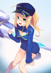 Rule 34 | 1girl, :d, ahoge, aqua eyes, arm support, artoria pendragon (fate), blonde hair, blue hat, blue sweater, blush, breasts, cleavage, cleavage cutout, clothing cutout, commentary request, fate/grand order, fate (series), feet out of frame, flat cap, hair between eyes, hair through headwear, hand up, hat, highres, leaning forward, long hair, long sleeves, looking at viewer, medium breasts, meme attire, mysterious heroine x (fate), mysterious heroine xx (fate), open-chest sweater, open mouth, ponytail, reflection, ribbed sweater, sitting, sleeves past wrists, smile, solo, soupchan, sweater
