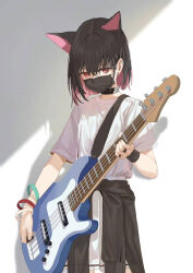 Rule 34 | 1girl, animal ears, bass guitar, black collar, black hair, black jacket, black mask, blue archive, cat ears, clothes around waist, collar, colored inner hair, commentary, earclip, earrings, extra ears, facing viewer, highres, holding, holding instrument, holding plectrum, instrument, jacket, jacket around waist, jewelry, kazusa (band) (blue archive), kazusa (blue archive), looking down, mask, mouth mask, multicolored hair, music, naruto maki (naruto05), official alternate costume, pink hair, playing instrument, plectrum, red eyes, shirt, short hair, short sleeves, solo, standing, stud earrings, upper body, white shirt, wristband