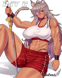 Rule 34 | 1girl, abs, ahoge, animal ears, artist logo, artist name, bare shoulders, black panties, black wristband, breasts, cat ears, cat girl, cat tail, choker, cleavage, collarbone, crop top, dark-skinned female, dark skin, eyepatch, feet out of frame, ghislaine dedoldia, grey hair, hair between eyes, highleg, highleg panties, highres, holding, holding sword, holding weapon, knee up, large breasts, long hair, looking at viewer, muscular, muscular female, mushoku tensei, navel, one-eyed, panties, parted lips, pashapencil, red choker, red eyes, red shorts, shadow, shirt, shorts, sitting, solo, sports bra, stomach, sword, tail, tail ornament, tail ring, taut clothes, taut shirt, thick thighs, thighs, underwear, weapon, white sports bra