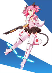 Rule 34 | 1girl, animal ears, bow, cat ears, cat tail, gun, hair ribbon, highres, kaname madoka, kyubey, magical girl, mahou shoujo madoka magica, mahou shoujo madoka magica (anime), nyoro (nyoronyoro000), open mouth, parody, pink hair, red eyes, ribbon, short hair, short twintails, shotgun, skirt, strike witches, striker unit, tail, twintails, weapon, world witches series
