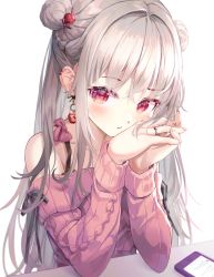 Rule 34 | 1girl, bare shoulders, blush, braid, cellphone, collarbone, desk, double bun, earrings, hair bun, hand on own cheek, hand on own face, highres, jewelry, long hair, looking at viewer, original, own hands together, phone, red eyes, ribbon, ring, seero, silver hair, simple background, sitting, smartphone, straight hair, sweater, white background