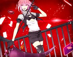 Rule 34 | 1girl, :d, belt, black bra, black gloves, bow, bra, gloves, gumi, ikasama life game (vocaloid), looking at viewer, mashiko imo, open clothes, open mouth, open shirt, pink eyes, pink hair, railing, scythe, shirt, short hair, shorts, signature, smile, solo, standing, thighhighs, torn clothes, torn thighhighs, underwear, vocaloid, weapon, zettai ryouiki