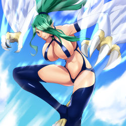 Rule 34 | 1girl, absurdres, alternate breast size, animal feet, animal hands, aqua hair, bare shoulders, bird legs, blue thighhighs, breasts, circlet, cloud, duel monster, feathers, hair over one eye, harpie queen, harpy, highres, large breasts, long hair, medium breasts, monster girl, muto dt, pointy ears, purple eyes, purple thighhighs, sky, thighhighs, very long hair, winged arms, wings, yu-gi-oh!