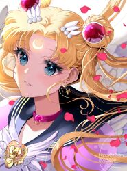 Rule 34 | absurdres, bishoujo senshi sailor moon, blonde hair, blue eyes, blue sailor collar, brooch, choker, commentary, crescent, crescent facial mark, double bun, elbow gloves, english commentary, eternal sailor moon, facial mark, gloves, hair bun, hair ornament, happy birthday, heart, heart brooch, highres, jewelry, koharumichi, long hair, magical girl, sailor collar, sailor moon, sailor senshi uniform, skirt, tsukino usagi, twintails, white gloves, wing brooch