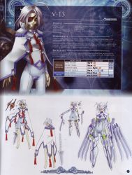 Rule 34 | 1girl, ahoge, android, arc system works, barefoot, blade, blazblue, blazblue: calamity trigger, blue nails, braid, bridal gauntlets, cape, character profile, character sheet, command input, english text, eyepatch, feet, flat chest, hair ornament, highres, huge weapon, long hair, mask, mecha musume, mori toshimichi, nail polish, nu-13, official art, ofuda, red eyes, robot ears, scan, single braid, standing, stats, sword, thighhighs, tiptoes, unitard, very long hair, weapon, white hair, wings