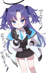 Rule 34 | 1girl, :t, absurdres, aged down, black gloves, black halo, black skirt, blue archive, blue eyes, blue necktie, blush stickers, commentary request, gloves, halo, hand on own hip, highres, index finger raised, jacket, looking at viewer, necktie, red pupils, simple background, skirt, solo, standing, sutora binsuke, translation request, two side up, white background, yuuka (blue archive)