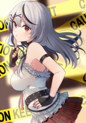 Rule 34 | 1girl, arm strap, armpits, bare shoulders, black gloves, black hair, breasts, camisole, caution tape, closed mouth, collar, finger to mouth, fingerless gloves, frilled camisole, frills, from side, gloves, grey hair, hair ornament, highres, hololive, looking at viewer, medium breasts, medium hair, miniskirt, multicolored hair, pleated skirt, red eyes, red nails, sakamata chloe, skirt, solo, spaghetti strap, virtual youtuber, white camisole, yukichi (eikichi)
