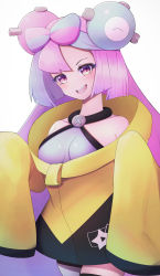 Rule 34 | 1girl, absurdres, aqua hair, armpit crease, asymmetrical legwear, bare shoulders, black jacket, bow-shaped hair, breasts, character hair ornament, collarbone, creatures (company), game freak, gen 1 pokemon, grey shirt, hair ornament, highres, iono (pokemon), jacket, long sleeves, looking at viewer, magnemite, mismatched legwear, multicolored clothes, multicolored hair, multicolored jacket, nintendo, open mouth, oversized clothes, pink eyes, pink hair, pokemon, pokemon sv, ryokuchabushi, sharp teeth, shirt, simple background, sleeveless, sleeveless shirt, sleeves past fingers, sleeves past wrists, smile, solo, split-color hair, star (symbol), star in eye, symbol in eye, teeth, thighs, two-tone hair, two-tone jacket, very long sleeves, white background, x, yellow jacket