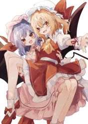 Rule 34 | 2girls, :d, ascot, bat wings, blonde hair, blush, bow, brooch, carrying, commentary, flandre scarlet, footwear bow, frilled shirt collar, frilled skirt, frills, hair between eyes, hat, hat bow, highres, jewelry, looking at viewer, medium hair, mob cap, multiple girls, open mouth, pink headwear, pink shirt, pink skirt, princess carry, puffy short sleeves, puffy sleeves, purple hair, red ascot, red bow, red eyes, red footwear, red ribbon, red skirt, red vest, remilia scarlet, ribbon, sabatuki, shirt, shoes, short sleeves, siblings, simple background, sisters, skirt, skirt set, smile, socks, touhou, vest, white background, white headwear, white shirt, white socks, wings, wrist cuffs, yellow ascot