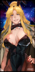 Rule 34 | 1girl, animal ears, balalaika (black lagoon), black lagoon, black leotard, blonde hair, blue eyes, breasts, detached collar, fake animal ears, fingernails, fishnet pantyhose, fishnets, hand on own hip, highres, jacket, jacket on shoulders, large breasts, leotard, looking at viewer, night, night sky, open clothes, open jacket, open mouth, pantyhose, parted bangs, partially shaded face, playboy bunny, ponytail, red nails, scar, scar on arm, scar on breasts, scar on face, signature, sky, solo, star (sky), starry sky, teeth, twitter username, yasunososaku