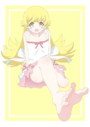 Rule 34 | 1girl, backless dress, backless outfit, bakemonogatari, bare legs, bare shoulders, barefoot, blonde hair, blush stickers, bow, choco donatsu, dress, fangs, feet, foot focus, foreshortening, highres, looking at viewer, monogatari (series), no shoes, open mouth, oshino shinobu, pointy ears, ribbon, sitting, soles, solo, spread toes, toenails, toes, yellow eyes