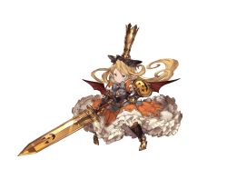 Rule 34 | 10s, 1girl, armor, armored boots, bat wings, blonde hair, blue eyes, boots, breastplate, charlotta (granblue fantasy), crown, dress, frilled dress, frills, full body, granblue fantasy, halloween, harvin, harvin, holding, holding sword, holding weapon, jack-o&#039;-lantern, long hair, minaba hideo, official art, orange dress, pointy ears, puffy short sleeves, puffy sleeves, pumpkin, short sleeves, solo, sword, transparent background, weapon, wings