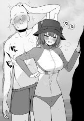 Rule 34 | 1boy, 1girl, ^ ^, absurdres, after paizuri, aftersex, anger vein, doodle sensei (blue archive), bald, bikini, blue archive, blush, breasts, bucket hat, closed eyes, cropped jacket, cum, cum in clothes, cum on body, cum on stomach, cumdrip, greyscale, hand on own head, hat, hetero, highres, implied after sex, jacket, large breasts, male swimwear, monochrome, nose blush, open mouth, outdoors, putama, saki (blue archive), saki (swimsuit) (blue archive), sensei (blue archive), short hair, smile, sparkle, sweat, swimsuit