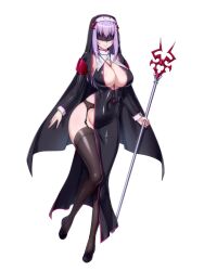 Rule 34 | 1girl, blindfold, breasts, chain paradox, cocytus (wind master), covered navel, full body, garter belt, garter straps, habit, holding, holding staff, impossible clothes, large breasts, no panties, nun, purple hair, shiny clothes, smile, solo, staff, thighhighs, white background
