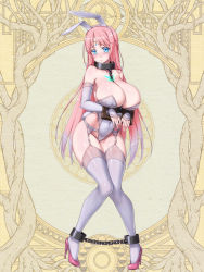Rule 34 | 1girl, animal ears, bare shoulders, between breasts, blue eyes, blush, braid, breast tattoo, breasts, bug, butterfly, chain, chained, chained wrists, closed mouth, cocytus (wind master), collar, covered navel, cuffed, dairoku ryouhei, detached sleeves, fake animal ears, full body, garter straps, headband, high heels, highleg, highleg leotard, huge breasts, insect, jewelry, kerberos blade, knees together feet apart, lace, lace-trimmed legwear, lace trim, legs apart, leotard, lingerie, long hair, multicolored hair, parted bangs, pink hair, playboy bunny, roots, sad, shiny clothes, shiny skin, solo, standing, stiletto heels, strapless, strapless leotard, streaked hair, tattoo, thighhighs, thighs, two-tone hair, underwear, white headband, white leotard, white thighhighs, yellow background