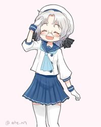Rule 34 | 1girl, ^ ^, ahenn, blue neckerchief, blue sailor collar, blue skirt, blush, closed eyes, feet out of frame, glasses, gloves, hat, hirato (kancolle), kantai collection, long sleeves, neckerchief, open mouth, pleated skirt, sailor collar, sailor hat, salute, school uniform, serafuku, short hair, silver hair, simple background, skirt, smile, solo, thighhighs, twitter username, white background, white gloves, white hat, white thighhighs