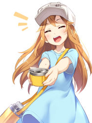Rule 34 | 10s, 1girl, :d, asutora, blue shirt, brown eyes, brown hair, commentary request, facing viewer, flat cap, hat, hataraku saibou, highres, long hair, open mouth, outstretched arms, platelet (hataraku saibou), shirt, simple background, smile, solo, thermos, white background, white hat