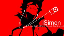 Rule 34 | 00s, 1boy, apple inc., character name, clenched teeth, digital media player, earphones, english text, goggles, ipod, ipod ad, limited palette, male focus, monochrome, parody, red background, simon (ttgl), simple background, solo, teeth, tengen toppa gurren lagann, text focus, upper body