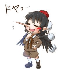 Rule 34 | 1girl, black footwear, black hair, blush, brown jacket, brown ribbon, brown shorts, chamaji, chibi, closed eyes, collared shirt, commentary request, hand on own chin, hand on own hip, hat, jacket, kneehighs, loafers, long nose, long sleeves, open mouth, pointy ears, pom pom (clothes), red hat, ribbon, shameimaru aya, shameimaru aya (newsboy), shirt, shoes, short hair, shorts, simple background, socks, suit jacket, tokin hat, touhou, white background, white shirt, white socks