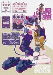 Rule 34 | 1girl, absurdres, blue hair, closed mouth, commentary, demon girl, demon horns, demon tail, demon wings, ear piercing, earrings, effects pedal, electric guitar, electro-harmonix, english text, eyewear on head, fender jazzmaster, full body, gauze, gauze on knee, grey footwear, guitar, highres, holding, holding guitar, holding instrument, horns, instrument, jewelry, long sleeves, looking at viewer, medium hair, original, outline, piercing, pointy ears, print sweater, purple sweater, ring, short shorts, shorts, sitting, socks, solo, sunglasses, sweater, tail, white outline, white socks, wings, yellow eyes, yuuho
