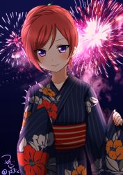 Rule 34 | 10s, 1girl, fireworks, floral print, hair up, japanese clothes, kimono, long sleeves, looking at viewer, love live!, love live! school idol festival, love live! school idol project, night, nishikino maki, obi, purple eyes, red hair, ric. (marchen mozuku), sash, signature, sleeves past wrists, smile, solo, striped clothes, striped kimono, tsurime, twitter username, upper body, vertical-striped clothes, vertical-striped kimono, wide sleeves