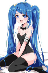 Rule 34 | 1girl, :d, absurdres, ahoge, arm at side, armband, asymmetrical bangs, bare shoulders, between legs, black bow, black bowtie, black leotard, black thighhighs, blue eyes, blue hair, blunt bangs, blush, bow, bowtie, breasts, cleavage, collar, detached collar, eyelashes, frilled armband, frills, hair bow, hand between legs, highres, hirogaru sky! precure, leotard, light blush, long hair, looking at viewer, no shoes, nuanko, open mouth, playboy bunny, precure, sitting, small breasts, smile, solo, sora harewataru, teeth, thighhighs, tongue, twintails, upper teeth only, very long hair, wariza, white collar, yellow bow