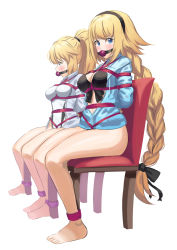 Rule 34 | 2girls, absurdres, arms behind back, ball gag, bdsm, bikini, black bikini, black hairband, blonde hair, blue eyes, blue jacket, bondage, bound, bound arms, bound legs, braid, breast bondage, breasts, cailin020, chair, commentary, commission, competition swimsuit, dual persona, english commentary, fate/grand order, fate (series), front-tie bikini top, front-tie top, gag, gagged, hairband, highleg, highleg swimsuit, highres, hood, hooded jacket, jacket, jeanne d&#039;arc (fate), jeanne d&#039;arc (ruler) (fate), jeanne d&#039;arc (swimsuit archer) (fate), jeanne d&#039;arc (swimsuit archer) (first ascension) (fate), long braid, long hair, medium breasts, multiple girls, one-piece swimsuit, ponytail, red rope, rope, shibari, shibari over clothes, single braid, sitting, swimsuit, very long hair, white one-piece swimsuit, wiffle gag