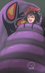 Rule 34 | 1girl, arbok, black hair, coiled, creatures (company), crossover, closed eyes, fangs, game freak, gen 1 pokemon, hat, highres, kantai collection, mini hat, nintendo, open mouth, peril, pokemon, pokemon (creature), poshiyushi, restrained, scared, short hair with long locks, snake, tokitsukaze (kancolle), vore