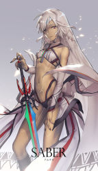 Rule 34 | 1girl, altera (fate), bare shoulders, black nails, breasts, dark skin, dark-skinned female, detached sleeves, fate/grand order, fate (series), looking at viewer, midriff, nail polish, navel, photon ray (fate), red eyes, revision, ritsuki, short hair, small breasts, solo, sword, veil, weapon, white hair