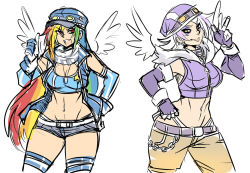 Rule 34 | 2girls, :p, belt, breasts, cabbie hat, casual, chain, cleavage cutout, clothing cutout, crop top, curvy, dog tags, earrings, elbow gloves, eyeshadow, fingerless gloves, gilda, gloves, goggles, goggles on head, hand on own hip, hat, highleg, highleg panties, jewelry, large breasts, long hair, makeup, maniacpaint, md5 mismatch, midriff, multicolored hair, multiple girls, my little pony, my little pony: friendship is magic, navel, panties, pants, personification, rainbow dash, rainbow hair, red eyes, scarf, short hair, short shorts, shorts, thighhighs, thumbs up, tongue, tongue out, underwear, v, very long hair, white hair, wings, yellow eyes, zipper