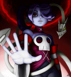 Rule 34 | 1girl, blue hair, blue skin, colored skin, detached collar, detached sleeves, facing viewer, hair over one eye, highres, leviathan (skullgirls), looking at viewer, outstretched arm, outstretched hand, parted lips, red background, red eyes, sansenyama, side ponytail, skullgirls, solo focus, squigly (skullgirls), stitched mouth, stitches, striped sleeves, zombie